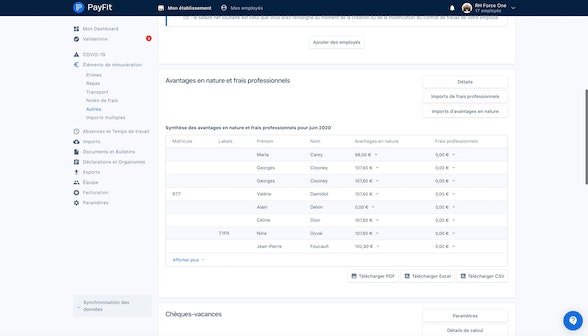 Avantage en nature et frais professionnels sur PayFit