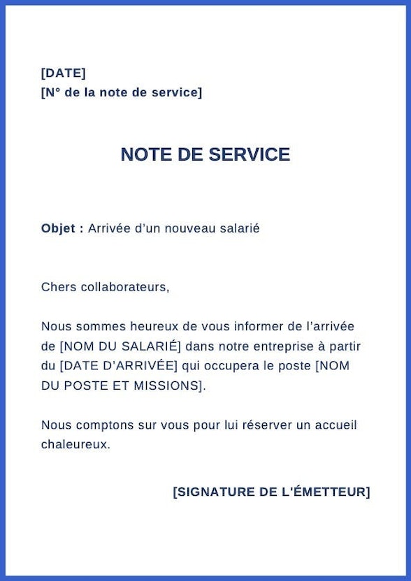 note de service annonçant l’arrivée du nouveau salarié