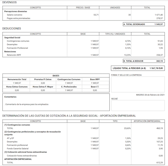 Documento de recibo de salarios