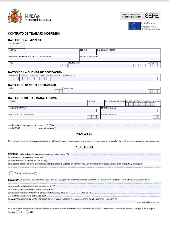 Modelo de contrato de trabajo indefinido - Documento oficial del SEPE