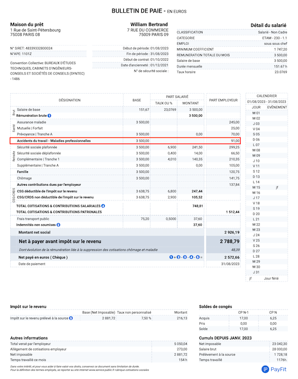 Bulletin de paie Cotisation AT/MP