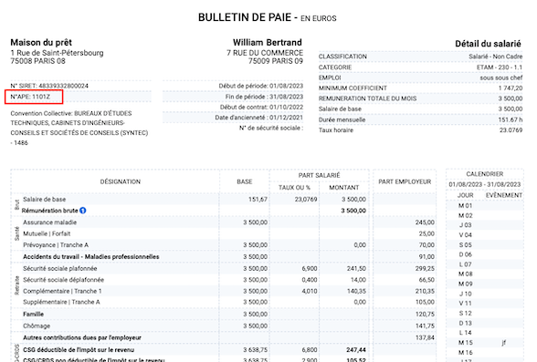 code entreprise sur la fiche de paie