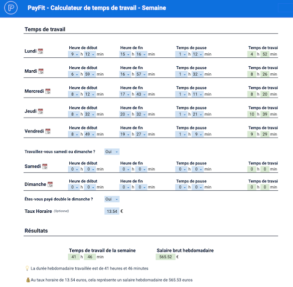 simulateur de calcul du temps de travail hebdomadaire