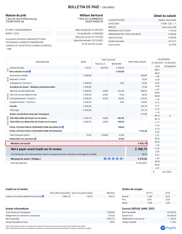 Fiche de paie montant net social