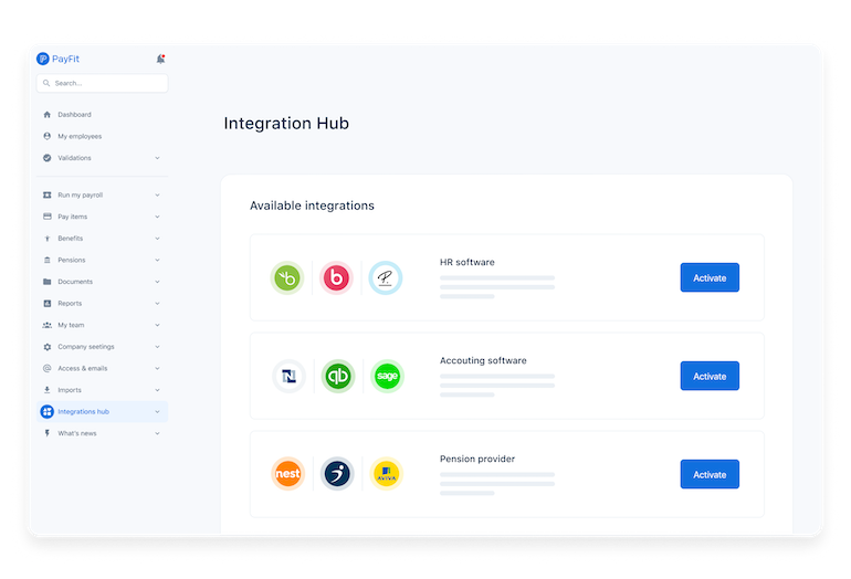 Integration Hub dashboard from PayFit app