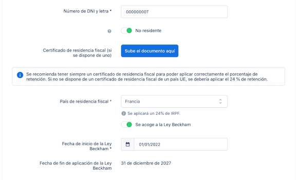 Informar de un empleado con régimen beckham en PayFit